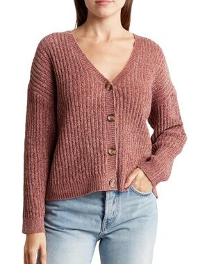 Sanctuary Ribbed Chenille Button Front Long Sleeve Cardigan